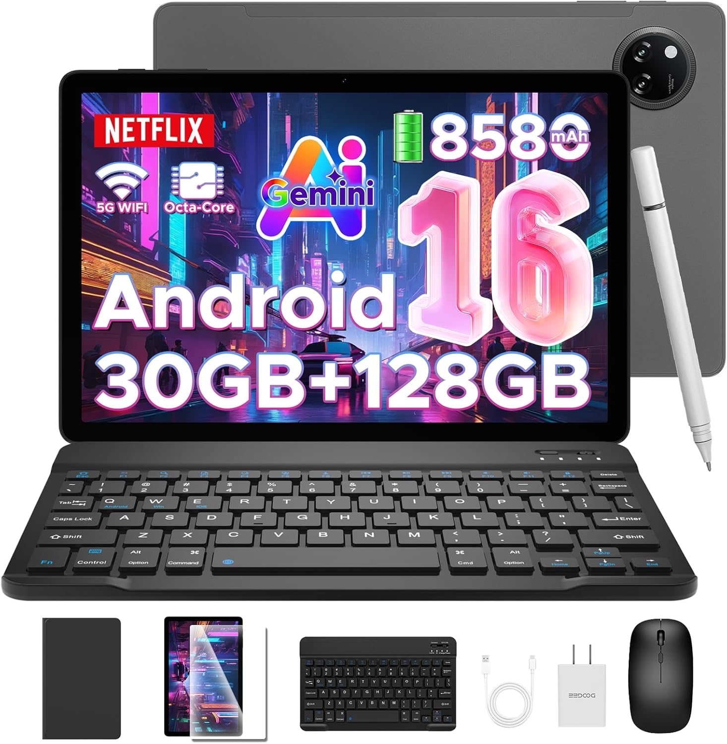 DOOGEE Tab A9 Pro+(2025) Android 16 Tablet with Keyboard,11 inch Tablet with Gemini AI,30GB+128GB/TF 2TB Octa-Core Gaming Tablets,90Hz Display,8580mAh,Netflix 1080P,BT 5.0+5G WiFi,13MP+5MP,Face ID