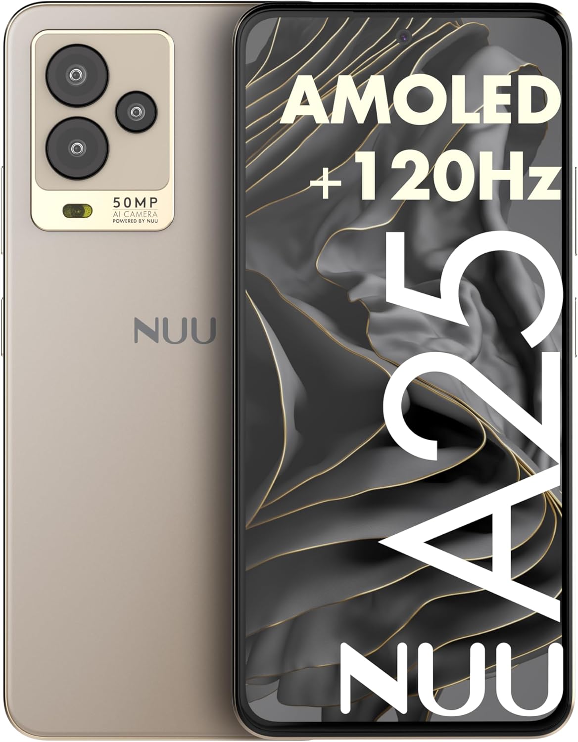 NUU A25 6.7" AMOLED 120Hz Gaming Phone - Helio G99 Octa-Core, 6GB RAM 128GB, 50MP Camera, Dual SIM 4G LTE, Champagne, for T