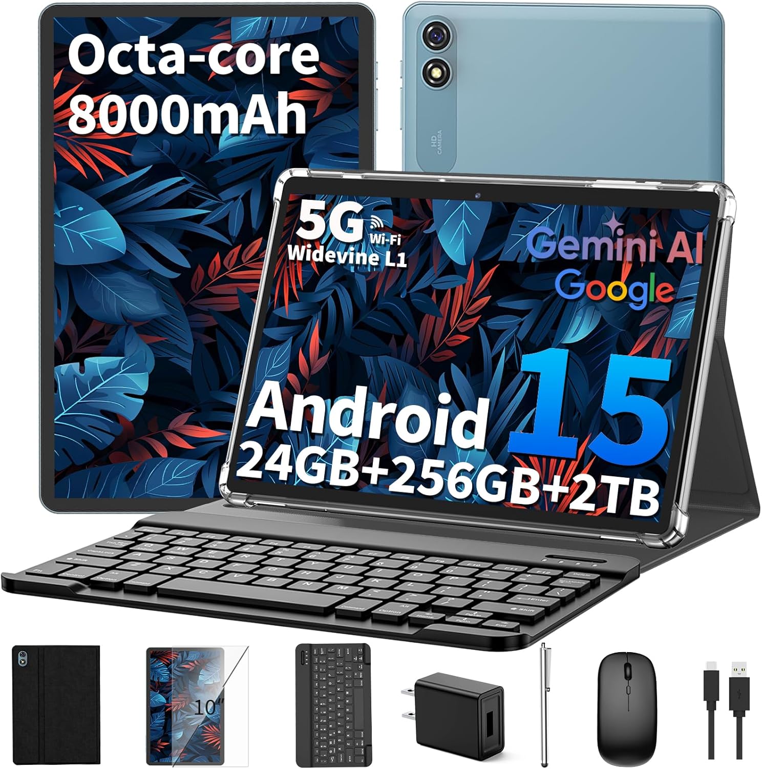 Android 15 Tablet 10 inch, 2025 Tablet with Keyboard, 24GB+256GB+2TB Expand, 2-in-1 Tablets with 8-Core, 5G WiFi, 8000mAh, BT5.0, GMS Certified, with Mouse, Case, Stylus, Split Screen(Black case)