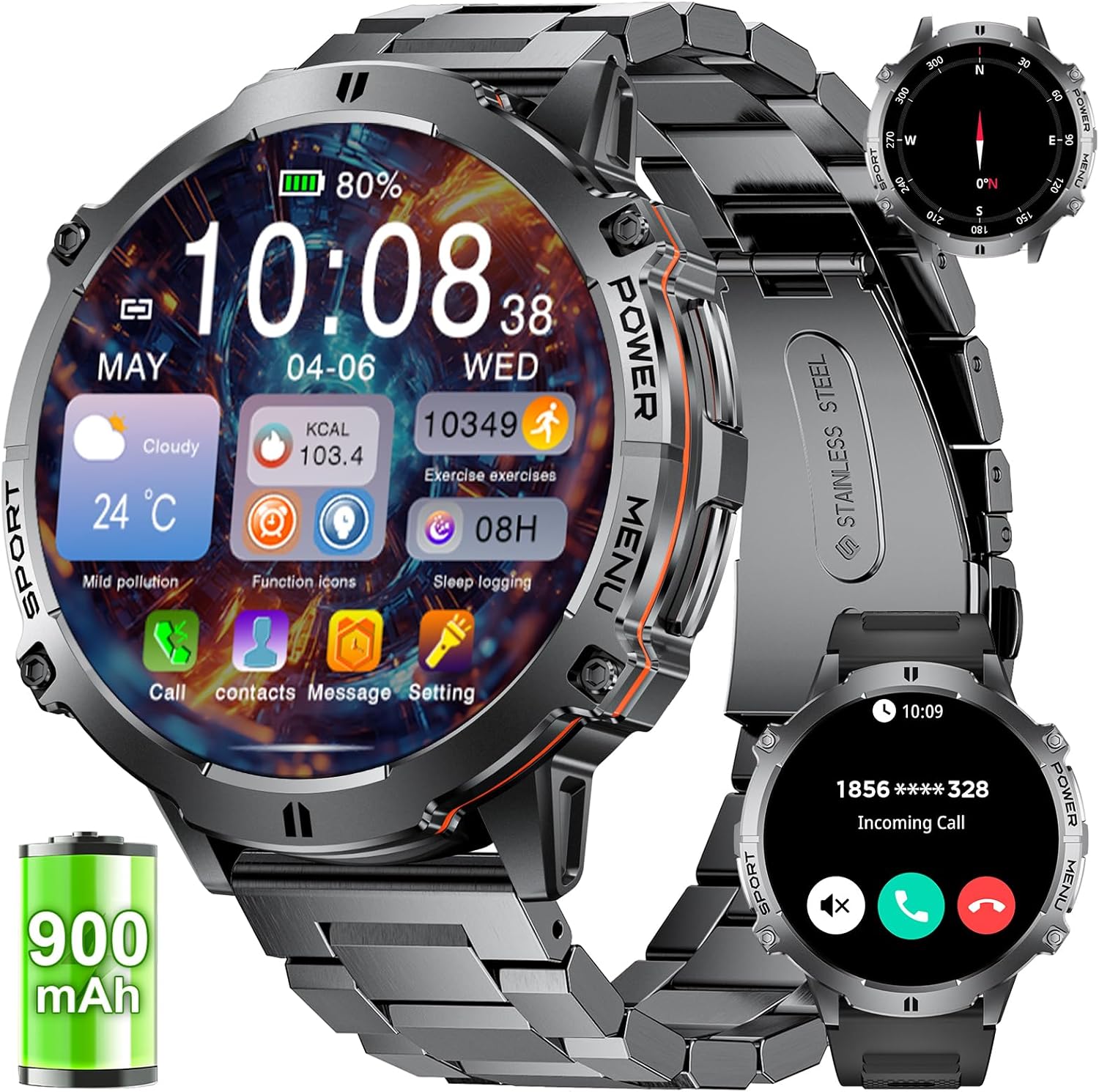 LIGE Military Smart Watch for Men: 1.73" AMOLED Display, Bluetooth Calling, 900mAh Battery, 110+ Sports Modes, Heart Rate & Sleep Monitor, Android iOS Compatible