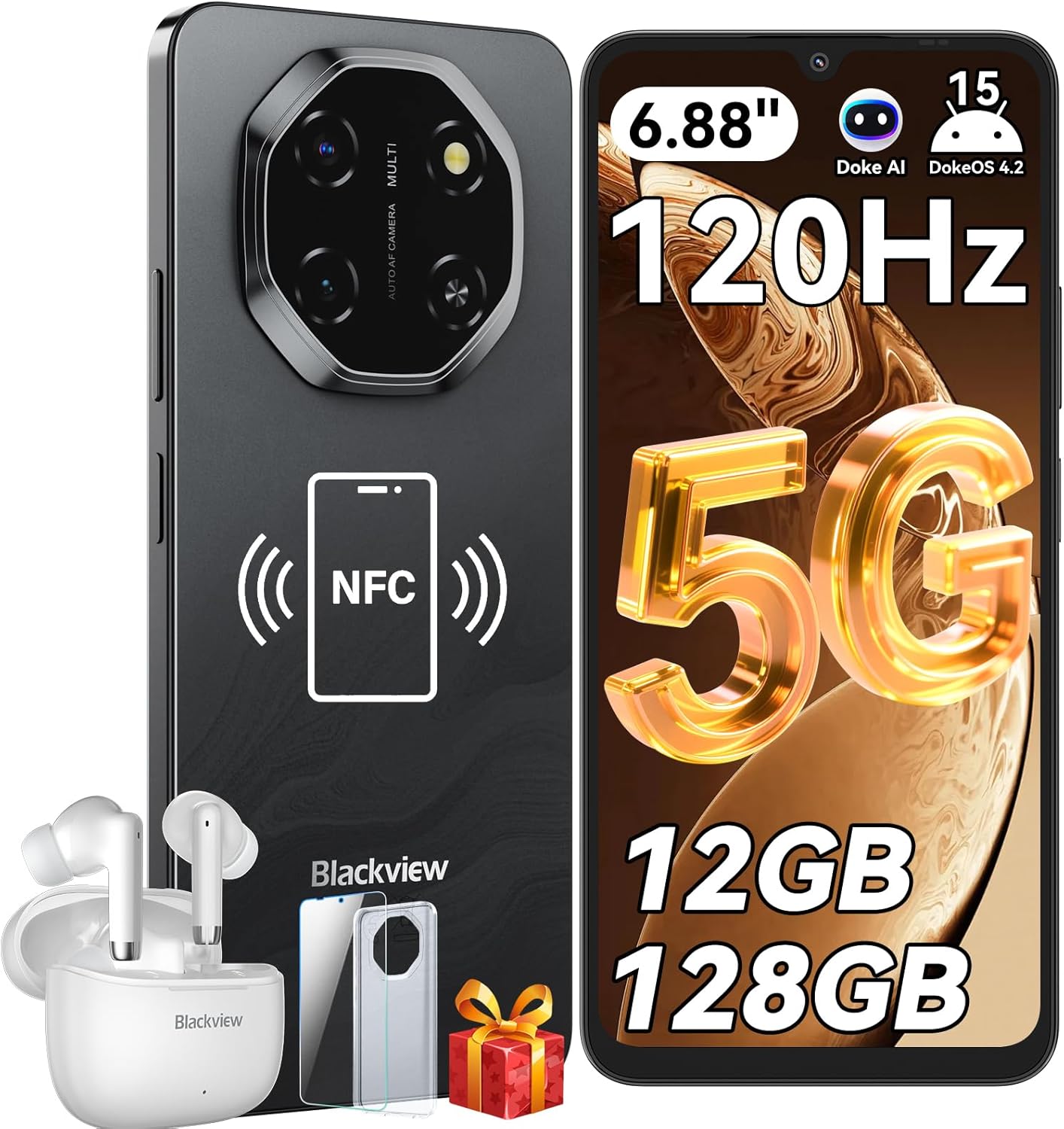 Blackview Shark 6 Unlocked Android 15 Phone, 6.88" 120Hz Display, 12GB RAM 2TB Storage, 16MP Camera, 5G, 5000mAh, Fingerprint/Face ID, Black