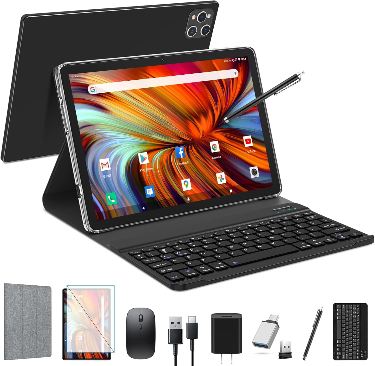 Android Tablet 2025 Latest 10 inch Tablet with Keyboard,128GB ROM 16GB RAM TF1TB Expand,Octa-Core,5GWiFi,1080FHD,13MP+8MPCamera,Bluetooth5.0,GPS,Mouse,Case,Black