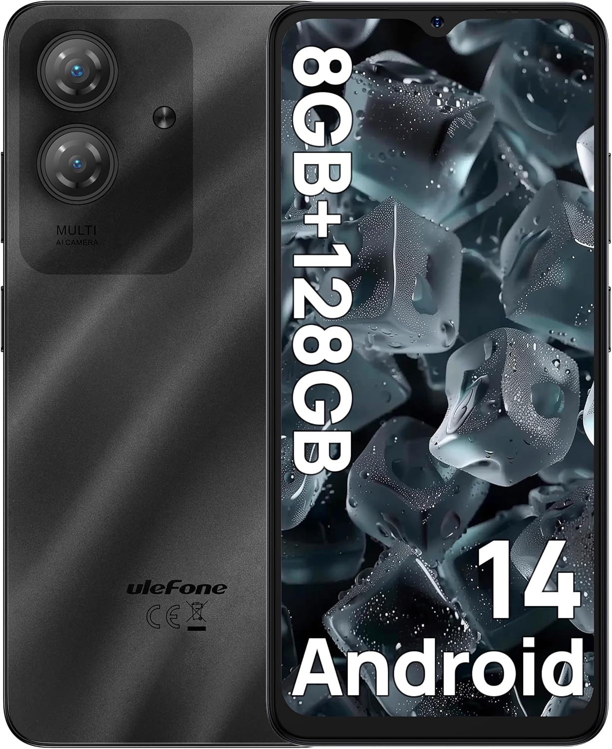 Ulefone Note 21 Unlocked Smartphone, 6.56" HD+, 8GB+128GB/1TB, Android 14, 13MP Camera, 5000mAh Battery, Dual 4G, Fingerprint, Black