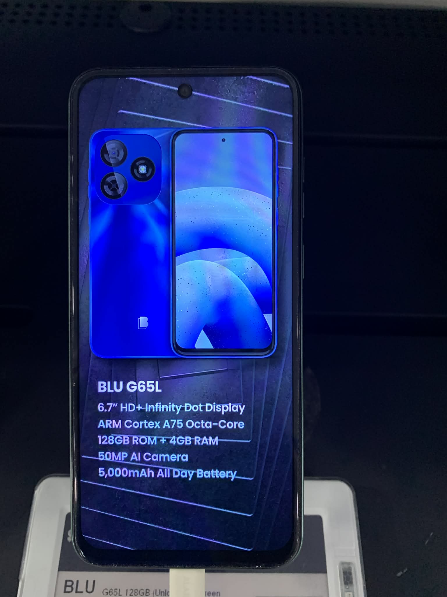 Technical specifications diagram of Blu G65L showing MediaTek Helio G35 chipset, 4GB RAM, and display details