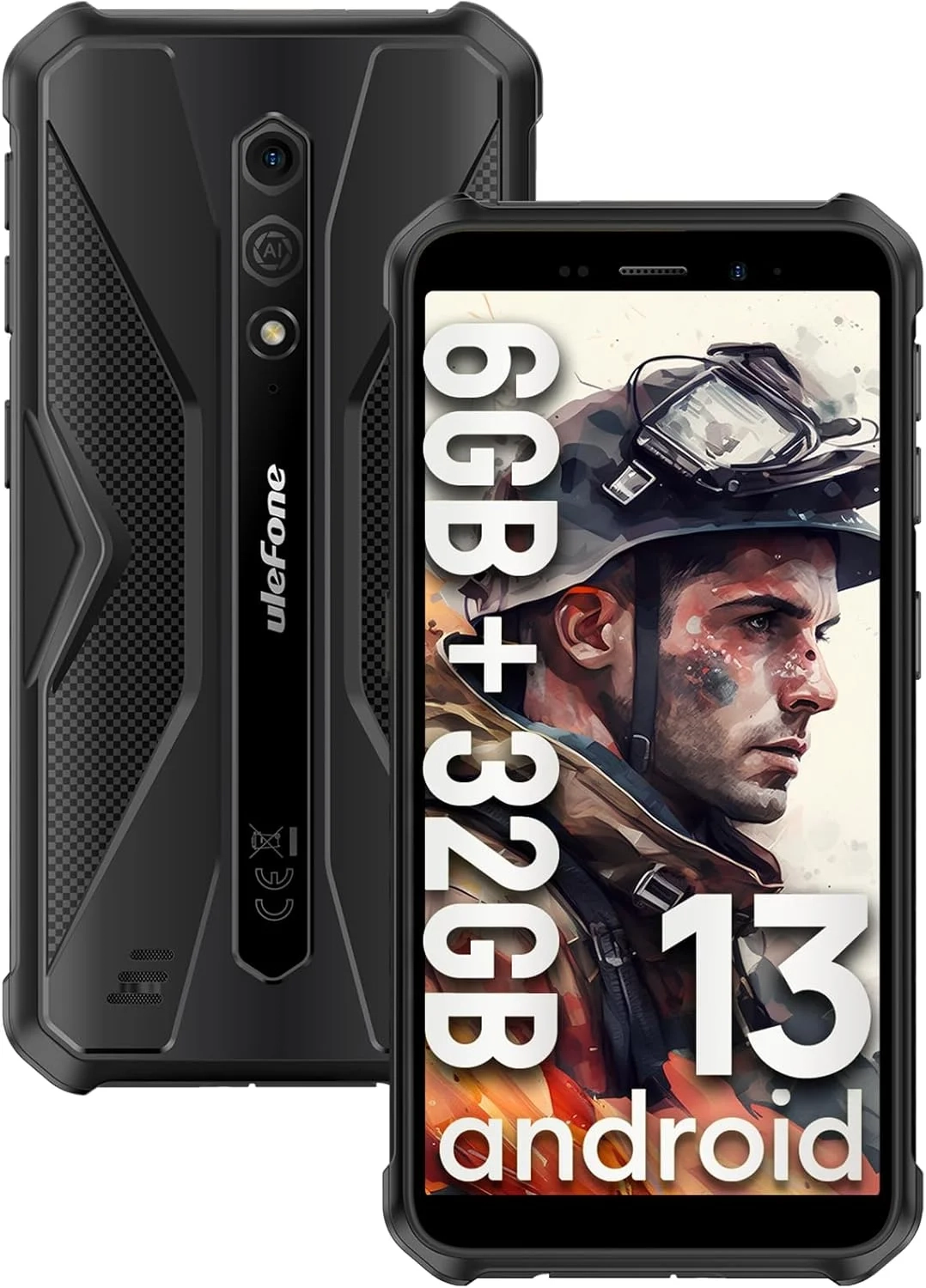 Ulefone Armor X12 Rugged Smartphone Unlocked, 6GB RAM 32GB, 4860mAh Battery, Waterproof Android 13 Cell Phone with Face Recognition, NFC, and Dual SIM 4G LTE