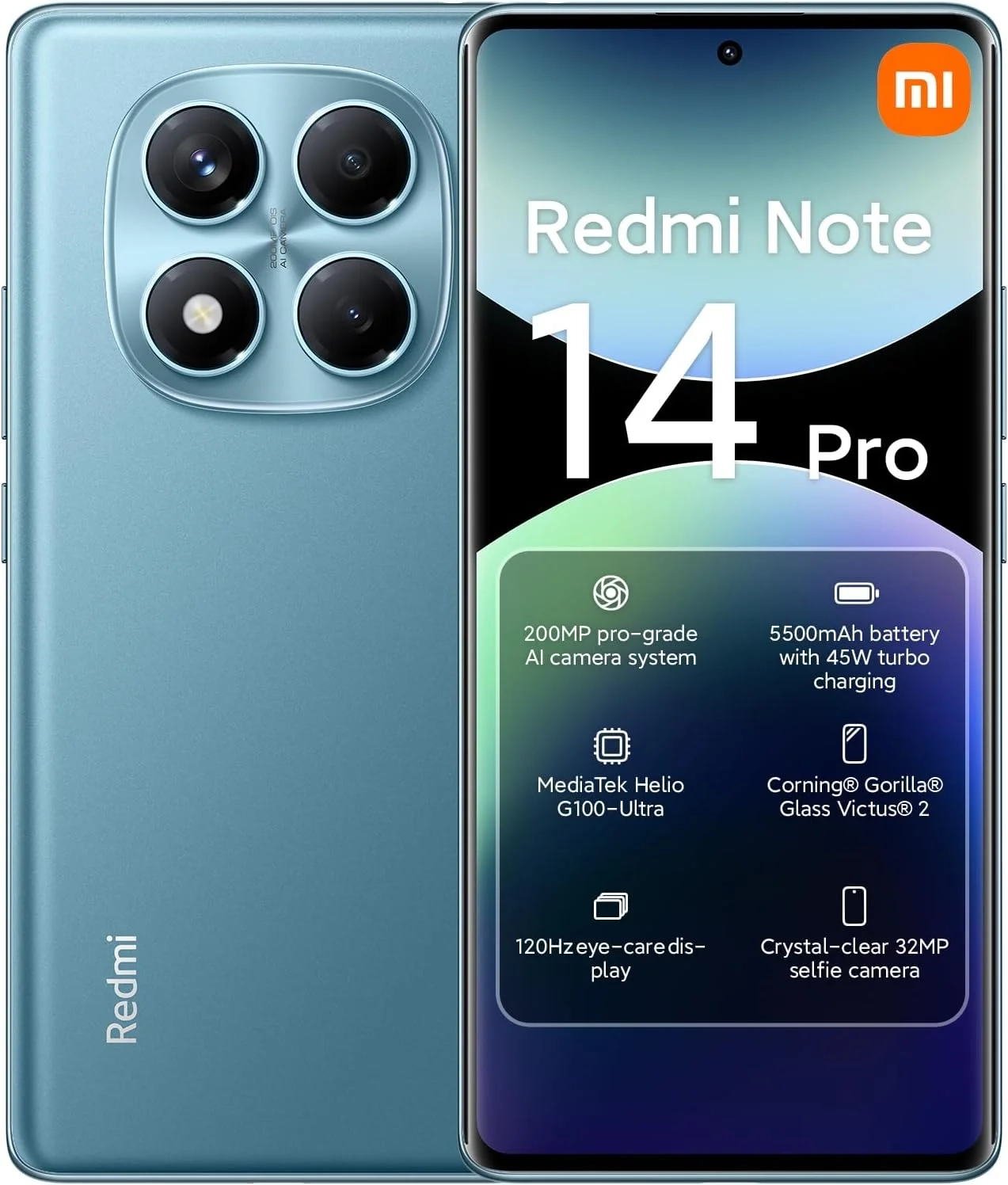 Xiaomi Redmi Note 14 Pro Unlocked Smartphone, 256GB 8GB RAM, 6.67" 120Hz AMOLED, 200MP AI Camera, Dual SIM - Ocean Blue (Global 4G LTE for T