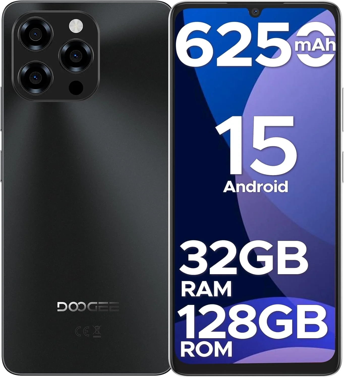 DOOGEE Note 58 Unlocked Smartphone: 6.75" HD+ Display, 6250mAh Battery, 128GB+2TB Expandable, Android 15, 4G Dual SIM, NFC, Face Unlock (Black)
