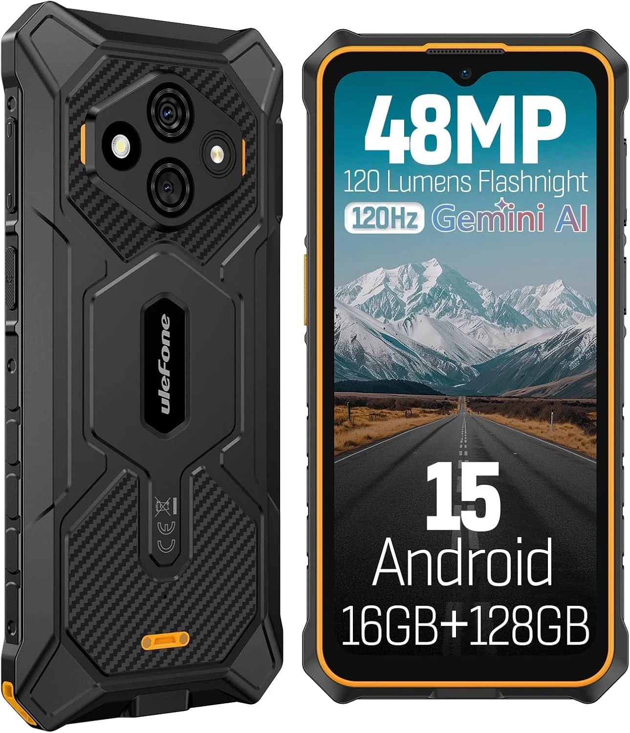 Ulefone RugKing 3 Pro Unlocked Rugged Phone: 16GB RAM 128GB, 6.56" 120Hz, IP69K Waterproof, 5600mAh, Android 15, 48MP Camera, Orange