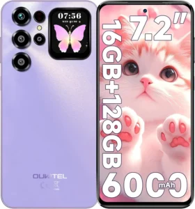 OUKITEL C68 Plus Unlocked Smartphone, 7.2" 120Hz Display with 1.81" Rear Screen, 64MP Camera, 6000mAh Battery, 128GB Storage, Android 15, Purple