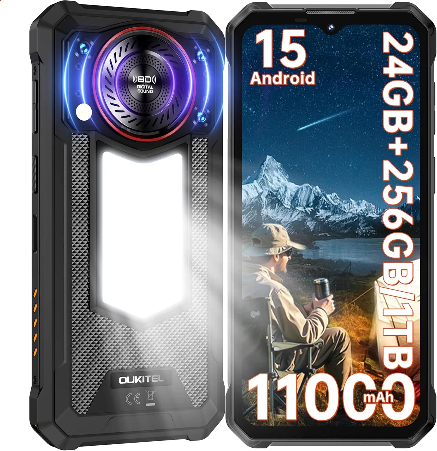 OUKITEL WP53 Pro Rugged Smartphone Unlocked, 11000mAh Battery, 50MP Camera, 24GB RAM 256GB, Camping Light, Loud Speaker, Waterproof Android 15 Cell Phone