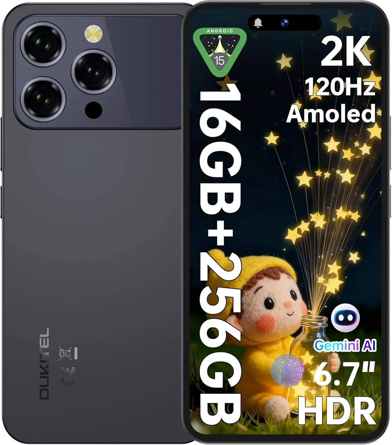 OUKITEL P1 Pro Unlocked Android Phone, 16GB RAM 256GB Storage (2TB Expandable), 6.7" 120Hz AMOLED, 50MP AI Camera, 5150mAh Battery, Android 15, Dual SIM 4G