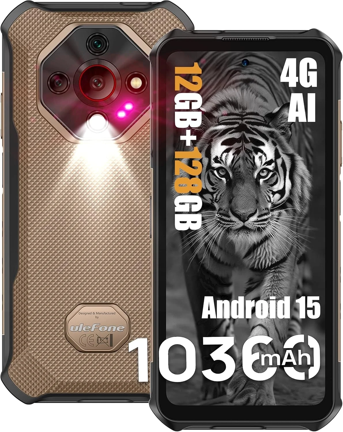 Ulefone Armor X16 Rugged Smartphone: 10360mAh Battery, 12GB RAM 128GB ROM, 48MP Quad Camera, 6.56" 90Hz Display, Android 15, Unlocked 4G LTE (Sand Dune)