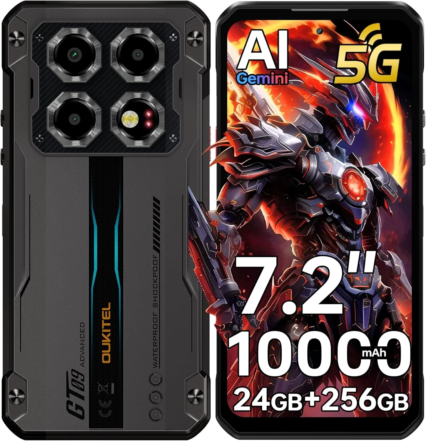 OUKITEL WP60 5G Rugged Phone Unlocked: 24GB RAM 256GB, 108MP Camera, 10000mAh Battery, IP68 Waterproof, 7.2" 120Hz Display Android 15 Smartphone