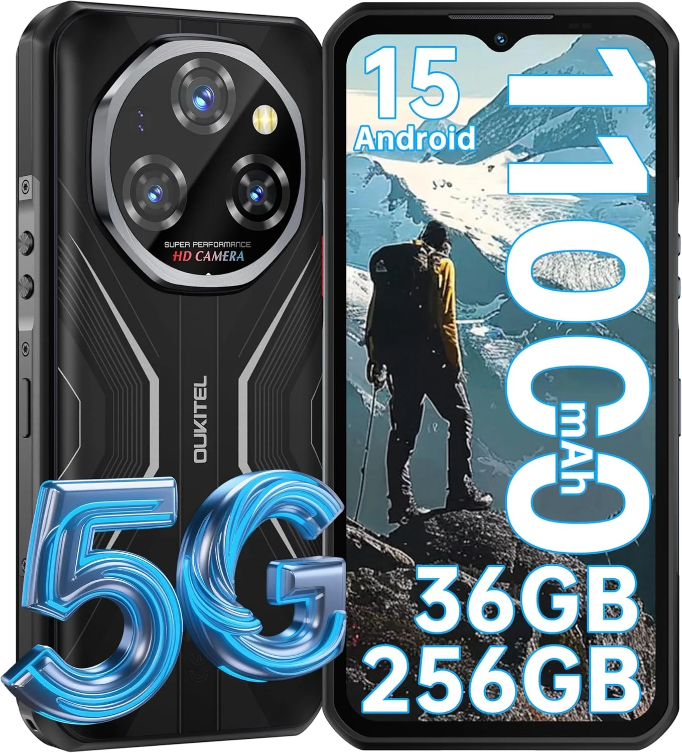 OUKITEL WP55 5G Rugged Smartphone Unlocked, 11000mAh Battery, 108MP Camera, 6.6" 120Hz Display, IP68/IP69K Waterproof, 36GB RAM 256GB, Android 15