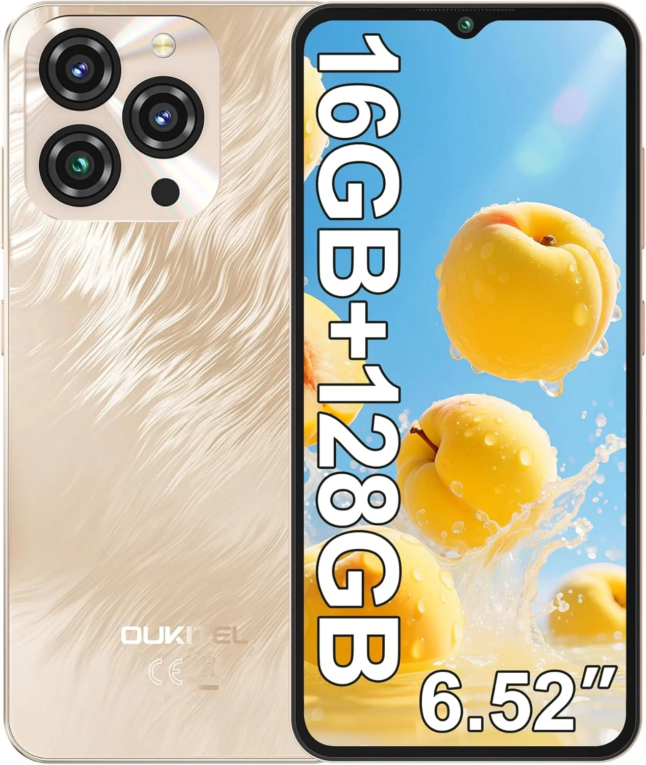 OUKITEL C3 Unlocked Smartphone 2025: 16GB RAM 128GB Storage with 1TB Expandable, 5000mAh Battery, 6.52" Screen, Dual Camera, 4G Dual SIM Android Phone (Gold)