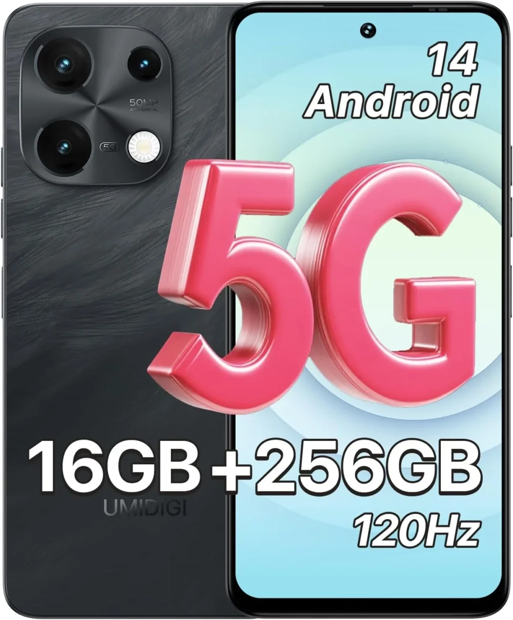 UMIDIGI Note 100 5G Unlocked Smartphone, 16GB RAM 256GB Expandable Storage, 6.8" 120Hz Display, 50MP Camera, Android 14, Dual SIM (Black)