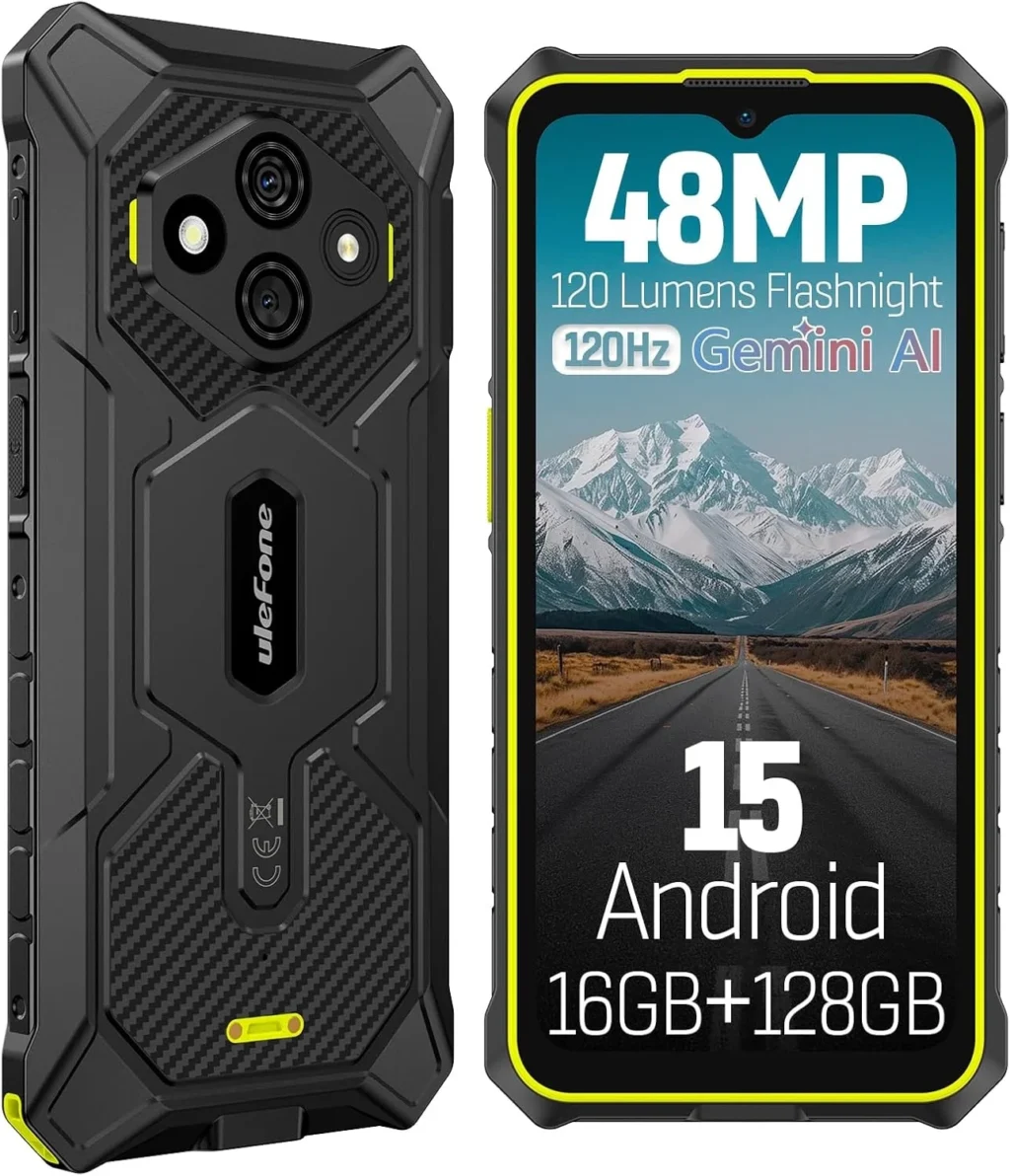 Ulefone RugKing 3 Pro Unlocked Rugged Phone: 16GB RAM 128GB, 6.56" 120Hz, 48MP Camera, IP69K Waterproof, 5600mAh, Android 15, Fast Dock Charging (Green)