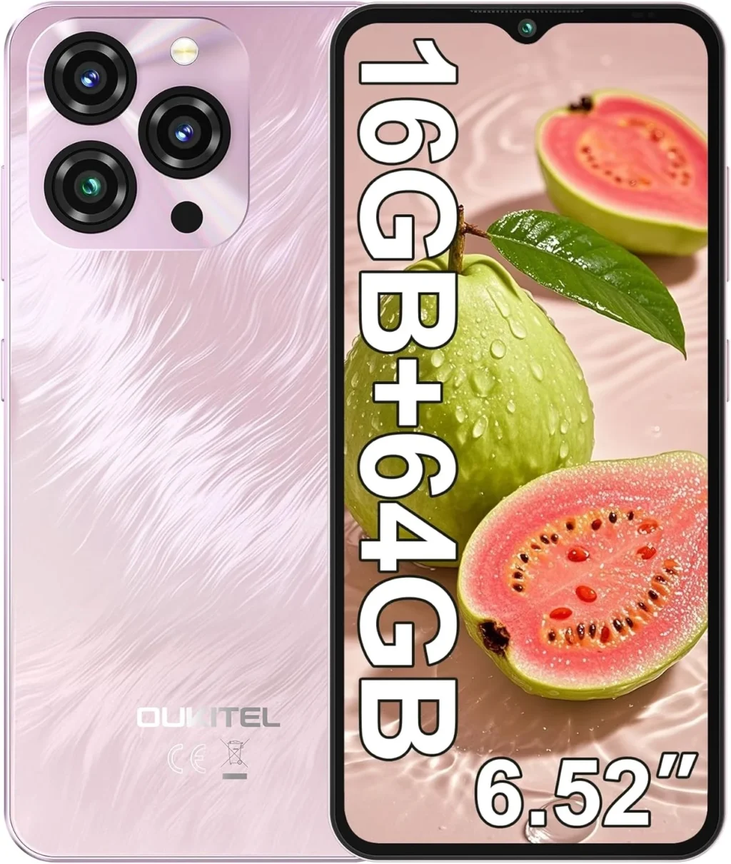 OUKITEL C3 Unlocked Smartphone 2025: 16GB RAM 64GB ROM with 1TB Expandable Storage, 5000mAh Battery, 6.52" Screen, Dual Camera, 4G Dual SIM Android Phone in Pink