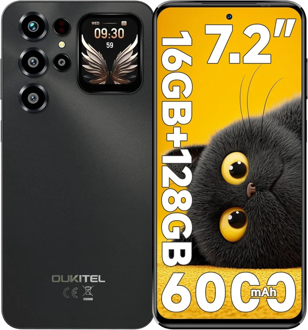 OUKITEL C68 Plus Unlocked Smartphone, 7.2" 120Hz Display, 6000mAh Battery, 64MP Camera, 128GB Storage, Android 15, 4G Dual SIM (Grey)