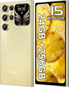 OUKITEL C62 PRO Unlocked Smartphone: 24GB RAM 256GB Storage with 1TB Expandable, 6.88" HD Display & Rear Screen, 5150mAh Battery, Android 15, 13MP Camera, 4G Dual SIM Mobile Phone (Gold)