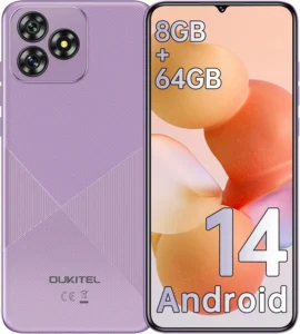 OUKITEL C53 Unlocked Smartphone: 6.6" HD+ Android 14, 8GB RAM 64GB (1TB Expandable), 4300mAh Battery, 13MP Camera, 4G Dual SIM - Purple for T