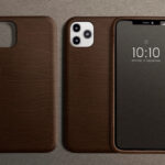 Brown leather rugged iPhone case shown from front and back with camera cutout and protective frame on a neutral background.