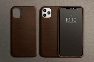 Brown leather rugged iPhone case shown from front and back with camera cutout and protective frame on a neutral background.