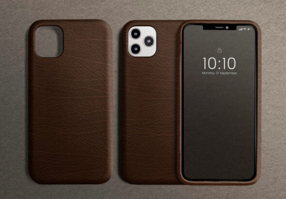 Brown leather rugged iPhone case shown from front and back with camera cutout and protective frame on a neutral background.