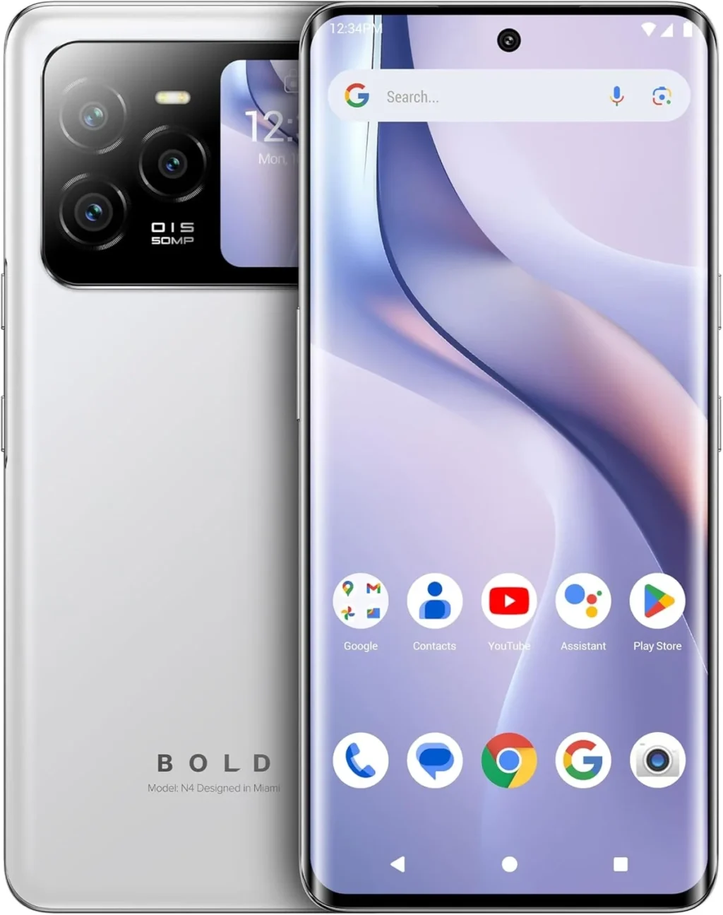 BLU Bold N4 5G | Unlocked | 6.78 Curved Display + 1.74 Rear Display | 50MP + 16MP Selfie | 512/8GB I NFC I Android 15 | US Version | US Warranty | White