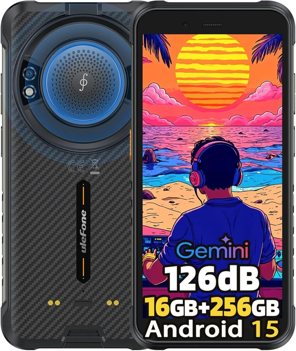 Ulefone RugKing Android 15 Rugged Smartphone, 9600mAh Battery, 126dB Loudest Speaker, 16GB+256GB 50MP Rear Camera 5.99" Tough Phone, Built-in 126 Lumens Glare Flashlight, NFC/Dual SIM/Widevine L1