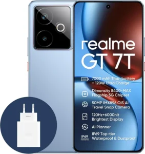 realme GT 7T 5G Smartphone 12+256GB, IceSense Blue, 6.8 inch Screen, 120Hz Display, 120W Ultra Charge, 7000mAh Battery, 58MP AI Camera, MediaTek Dimensity 8400 Chipset, IP68