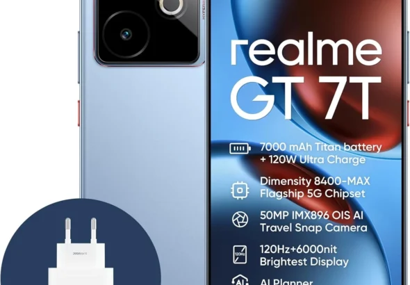 realme GT 7T 5G Smartphone 12+256GB, IceSense Blue, 6.8 inch Screen, 120Hz Display, 120W Ultra Charge, 7000mAh Battery, 58MP AI Camera, MediaTek Dimensity 8400 Chipset, IP68