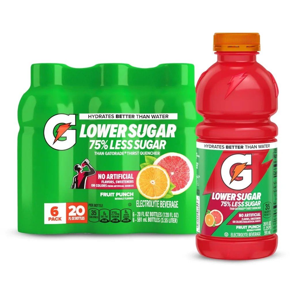 Gatorade Lower Sugar Electrolyte Sports Drink, Fruit Punch, 20 fl oz Bottles, (6 Pack), 75% Less Sugar, No Artificial Flavors, No Artificial Sweeteners, No Artificial Colors, Hydration