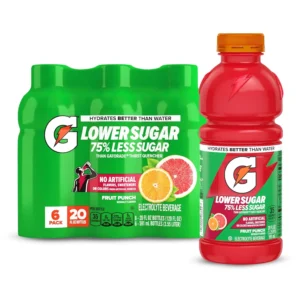 Gatorade Lower Sugar Electrolyte Sports Drink, Fruit Punch, 20 fl oz Bottles, (6 Pack), 75% Less Sugar, No Artificial Flavors, No Artificial Sweeteners, No Artificial Colors, Hydration