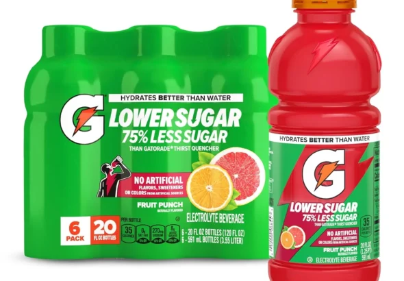Gatorade Lower Sugar Electrolyte Sports Drink, Fruit Punch, 20 fl oz Bottles, (6 Pack), 75% Less Sugar, No Artificial Flavors, No Artificial Sweeteners, No Artificial Colors, Hydration