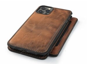 Premium leather iPhone 17 case showing rich patina development with natural grain texture