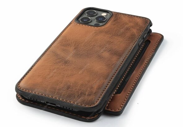 Premium leather iPhone 17 case showing rich patina development with natural grain texture