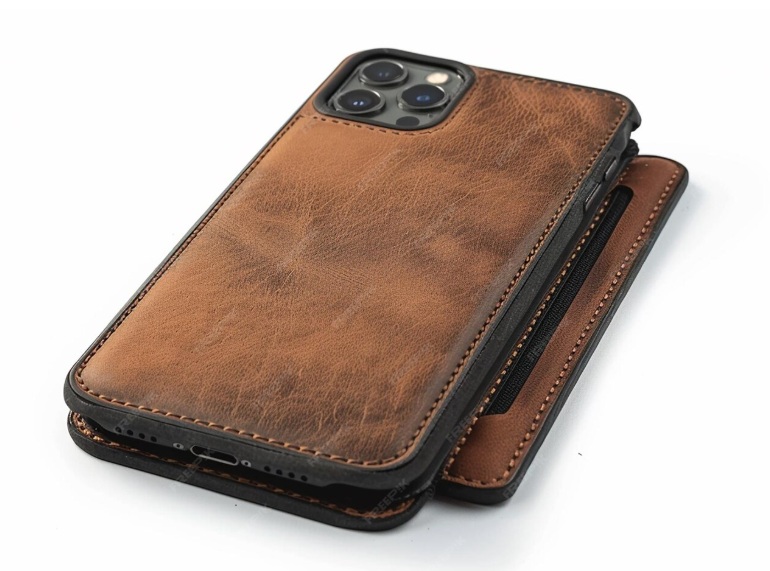 Premium leather iPhone 17 case showing rich patina development with natural grain texture