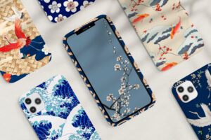 iPhone 17 with slim decorative case surrounded by Japanese-style patterned phone cases