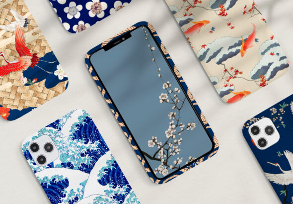 iPhone 17 with slim decorative case surrounded by Japanese-style patterned phone cases